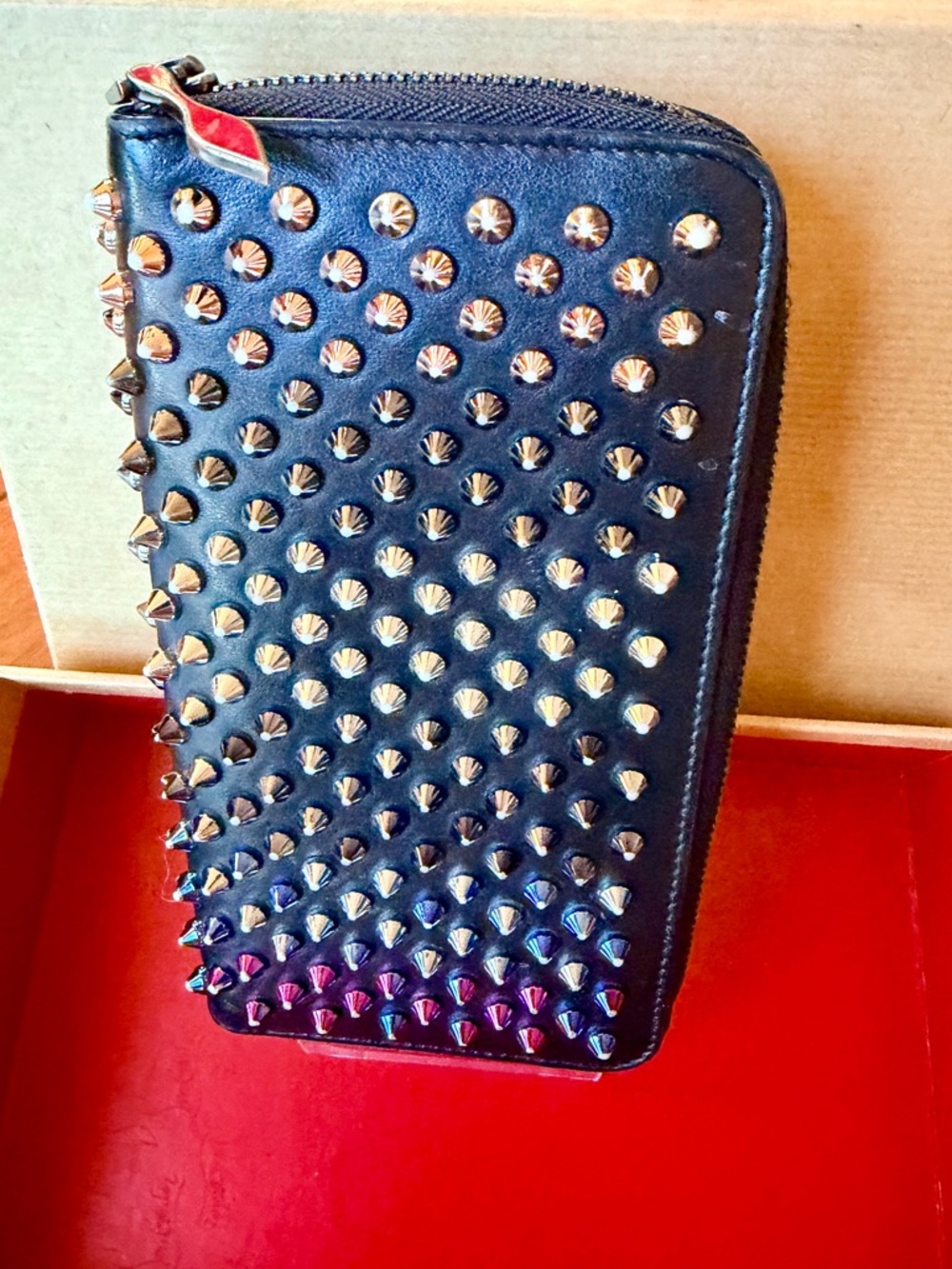 Louboutin Panettone Wallet,Black with Rainbow Spiked Studded Zip Around closure’ - Picture 5 of 16